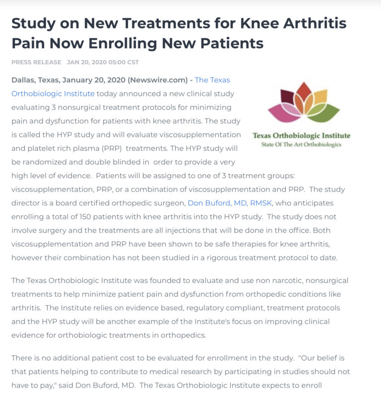 Press Release Announcing The HYP Knee Arthritis Study